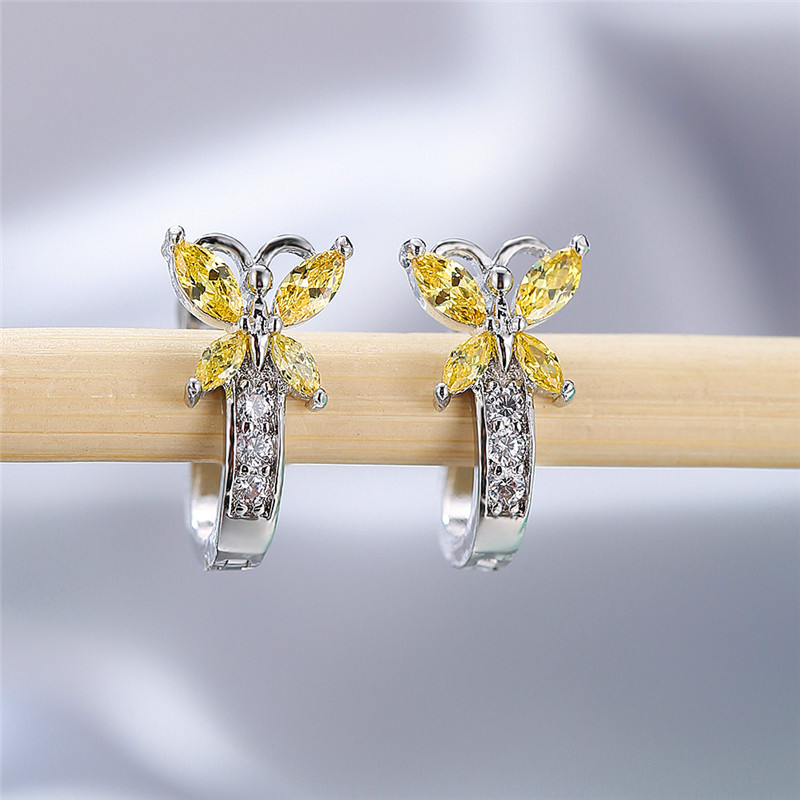 

Cute Female Yellow Butterfly Crystal Earrings Kawaii Animal Small Hoop Earrings For Women rose gold color Wedding
