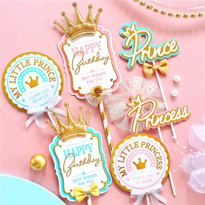 

Royal Crown Girl's Princess Little Bow Prince Boy's Happy Birthday Cake Topper Kid Party Supplies Blue Love Gifts