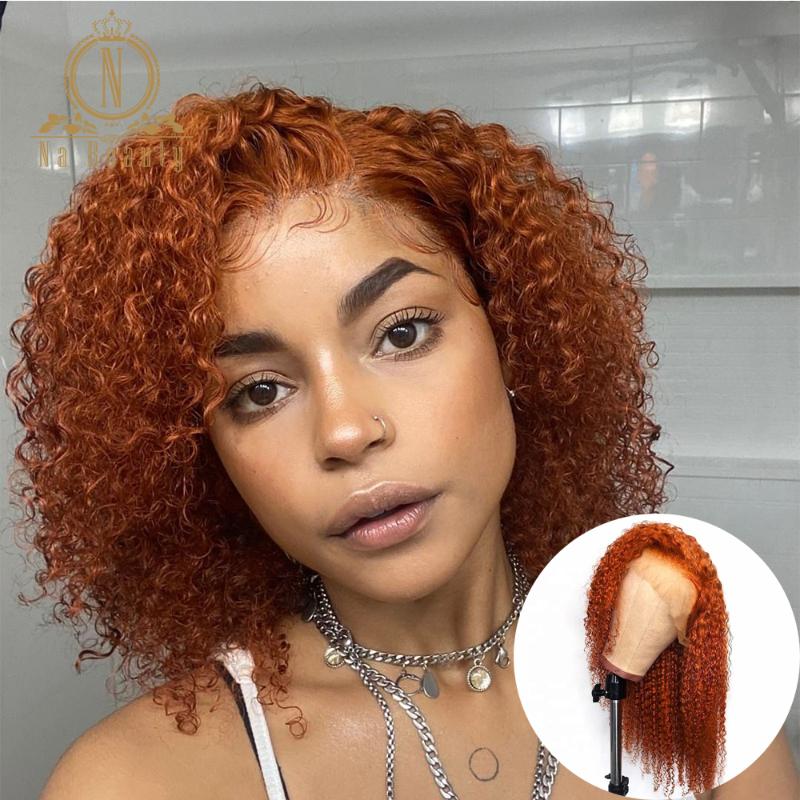 

Ginger Orange Human Hair Wig T Part Front Lace Wig Pre plucked HD Transparent Lace Curly For Black Women Nabeauty Remy 250, 13x5 t lace