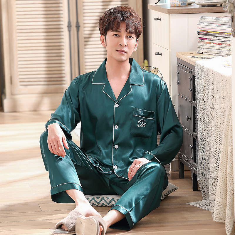 

Men's New Pajamas Simulation Silk Long-sleeved Pajamas Suit Silk Korean Version of Thin Home Service Night Suit Pizamy Damskie, Beige