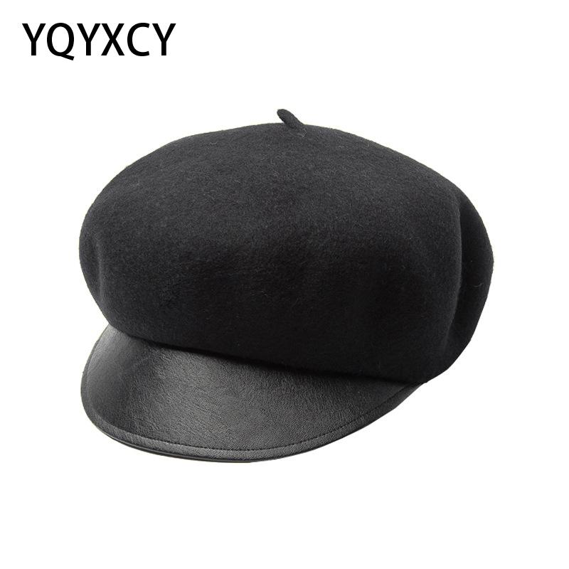 

Wool Beret Hat Women Vintage Bonnet Thick Warm Beret Hat With Leather Brim Soft Autumn Winter Hats For Women Ladies Gorras, Black
