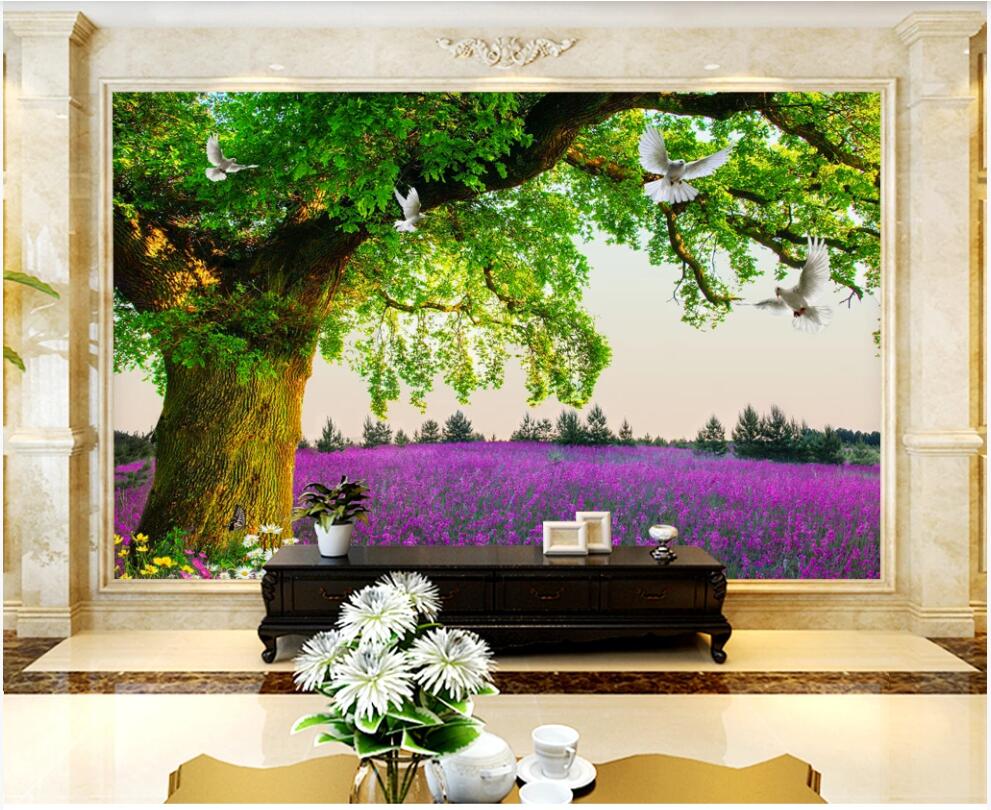 

custom photo mural wallpaper 3d on the wall Beautiful big tree scenery lavender TV background home decor wallpaper in the living room, Non-woven wallpaper