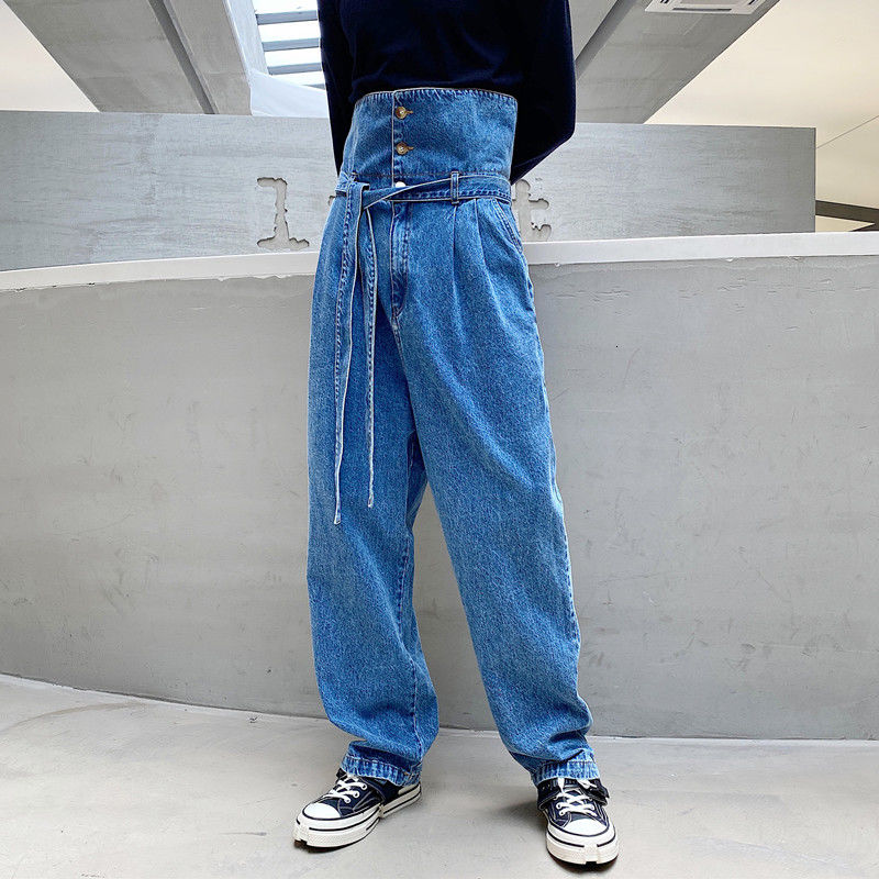 

2020 Spring And Autumn New Youth Popular Korean Design Turned Waist Toe Loose Jeans Fashion Casual Wide-leg Pants Blue -XL