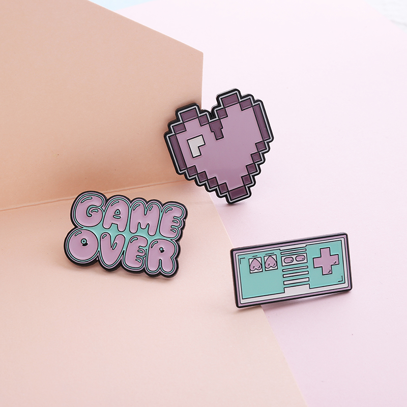 

GAME OVER ! Cute Cartoon Pixel Gamepad Heart Pink Purple Brooches Denim coat Pin Shirt Badge Enamel Pins Gift for Friends
