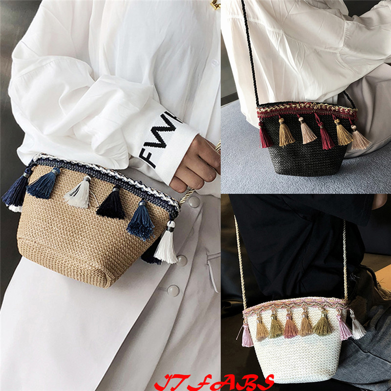 

NoEnName Summer Fashion Nautical Beach Bag Womens Bohemian Woven Handbag Shoulder Holiday Casual Tote Straw Wicker, Black