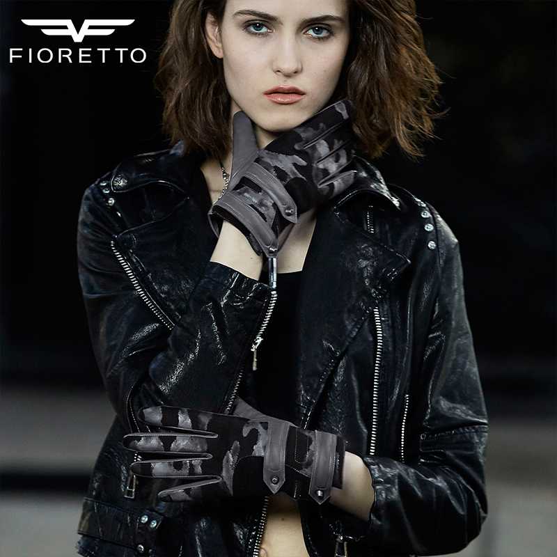 

FIORETTO Genuine Leather Gloves for Women Camouflage Touch Screen Thermal Lined Leather Driving Gloves Winter Mittens Buckles