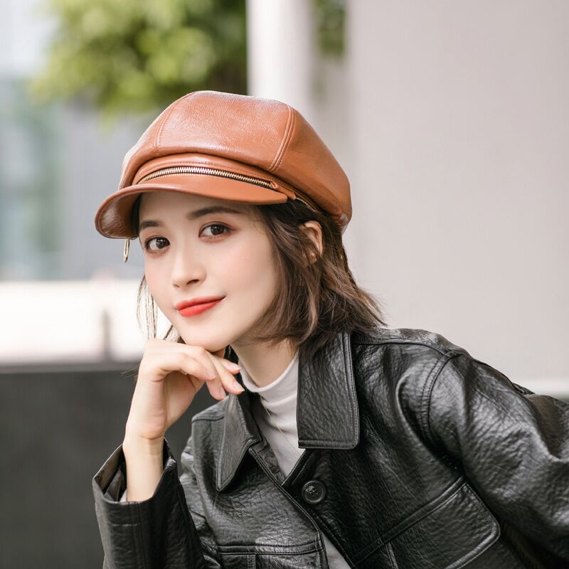 

High Quality PU Leather Octagonal Hat For Women Autumn Winter Zipper Dual Purpose All-match Berets Female Painter Caps Chapeau, Black