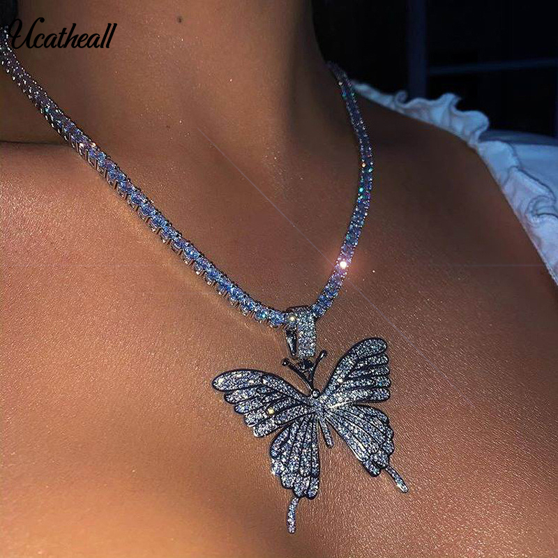 

Bling Crystal Butterfly Pendant Necklaces For Women Girls Rock Fashion Animal Shiny Rhinestone Party Jewelry