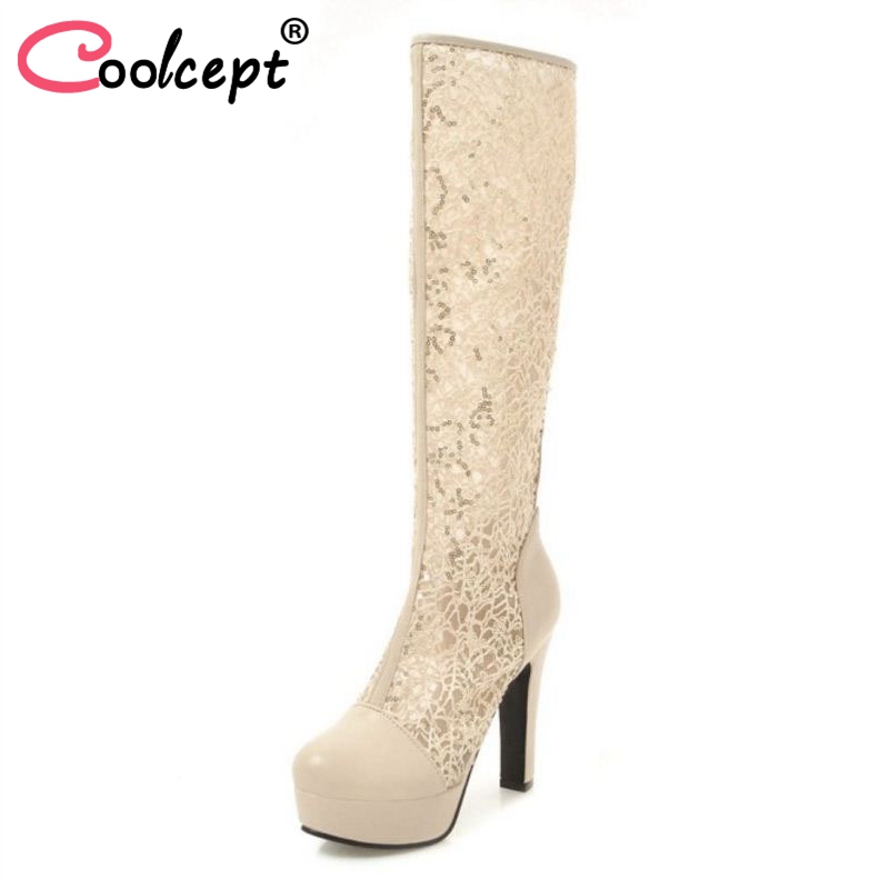 

CoolCept Size 34-43 Women High Heel Boots Round Toe Platform Lace Knee Boots Female Sexy Fahsion Shoes Party Club Footwear, Black