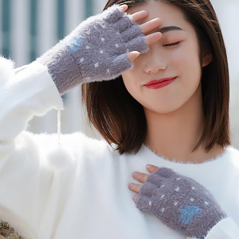 

Cute Dot Knitting Gloves Women Girls Furry Wool Plush Warm Soft Half Finger Mitten Women Fingerless Gloves Mitaines Femme Hiver