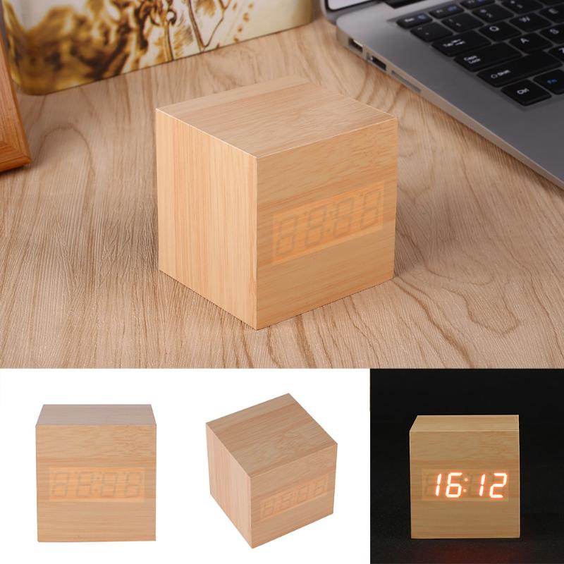 

Simple Cube Click Clock Gift Alarm-LED Display Wood Sound Activated Home Decor