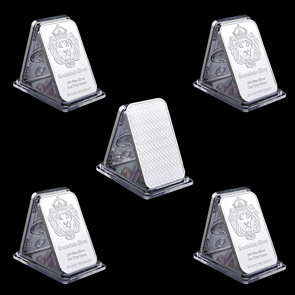 5pcs American Scottsdale Bars Craft Lion Head Silver Plated One Oz 50 Mm X 28 Mm Vacuum Package Home Decoration Collectible Coin-image-589232077