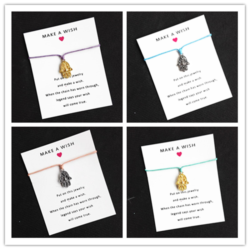 

2 Colour Fatima Hand Charm Bracelets Women Gift Adjustable Hand Made Cord Bracelet Wish Card Bracelets 1PCS