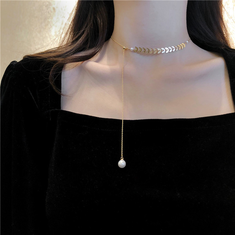 

South Korea's contracted ins cold wind grain pearl necklace female temperament clavicle chain contracted neck chain