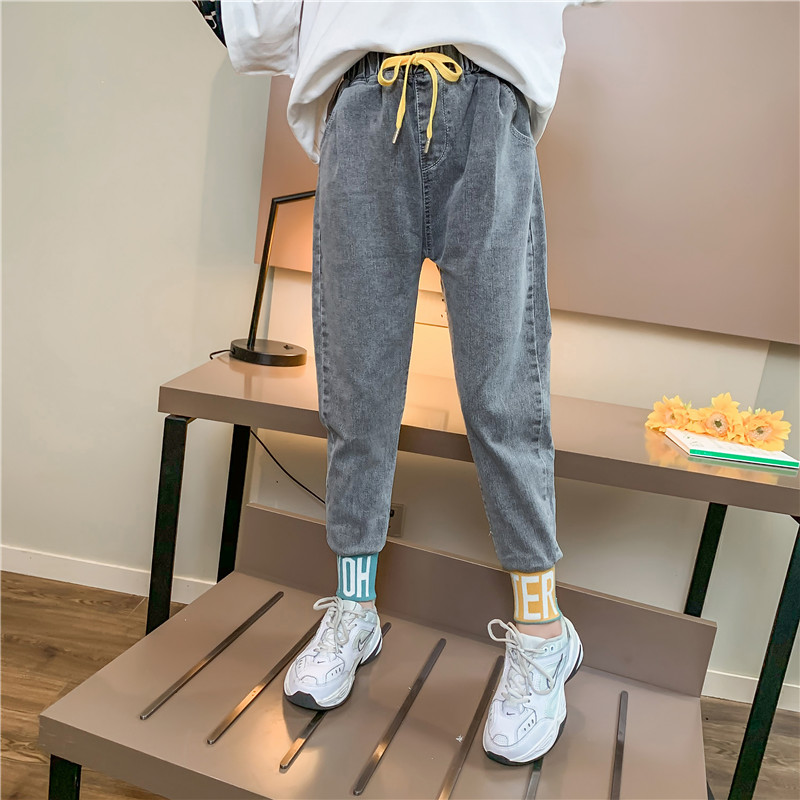 

2020 New Girls Jeans Letter Elastic Ankle Joggers Denim pants For kids jeans girls Children Clothes Size 6 7 8 9 10 11 12 Years, Blue