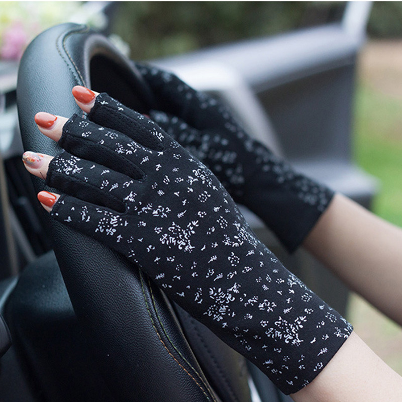 

Summer Women Thin 100% Cotton Non-slip Half finger Sunscreen Gloves Elegant Lace Bow Short Anti-UV Fingerless Driving Glove B85