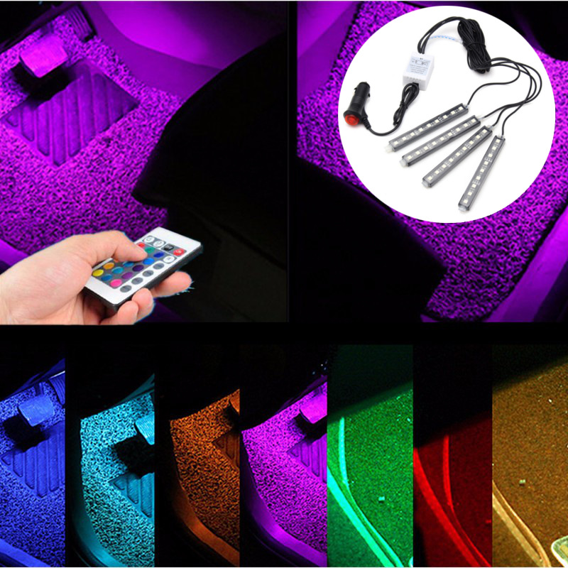 

4Pcs 9 SMD 10W RGB LED Car Auto Interior Floor Decorative Atmosphere Lamp Strip Pathway Deco Floor Light Remote Control