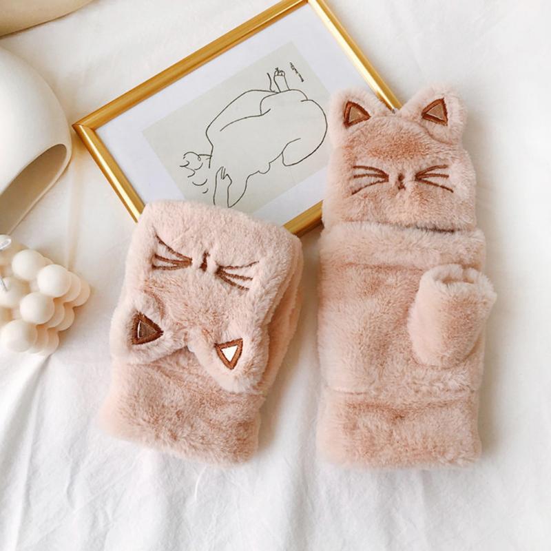 

Lovely Cat Gloves Women Half Finger Flip Over Warm Thickening Plush Gloves Rekawiczki Damskie Cute Animal For Woman Girls