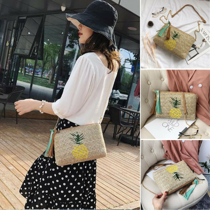 

Pineapple Women Straw Shoulder Bags Embroidery Zipper Shopping Handbag Crossbody, Sky blue