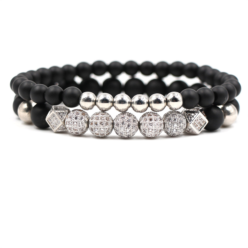 

Classic 8mm Black Pumice Stone Beads Bracelet Bangle Exquisite 4 Color Micro Inset Zircon Bracelet 2/Set Hot Style for Women Men