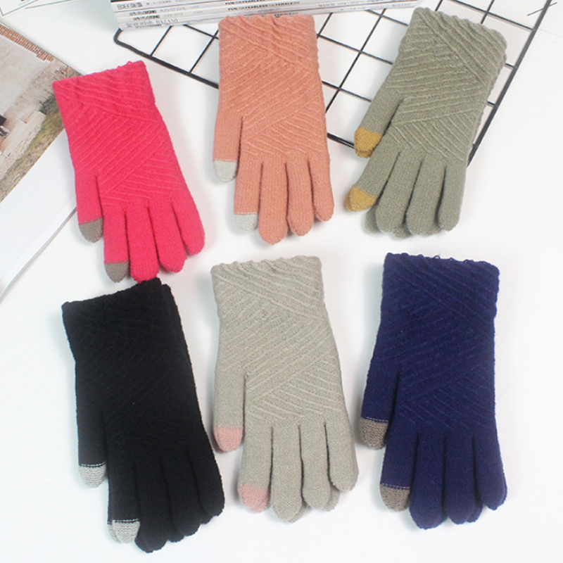 

Five Fingers Gloves Touch Screen Mittens Free Size Comfortable Soft Winter Golves Keep Warm Full Finger Knitted Stripe Woolen 1Pair