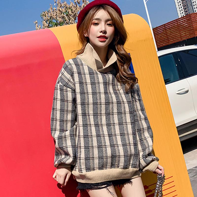 

2020 Autumn Winter Fashion New Sweaters For Women Pullovers Turtleneck Plaid Sweet Tops Female Loose Casual Preppy Style Sweater, Gray