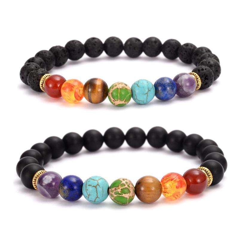 

7 Chakra Reiki Healing Healthy Beaded Bracelets Stretchy Lava Matte Onyx Stones