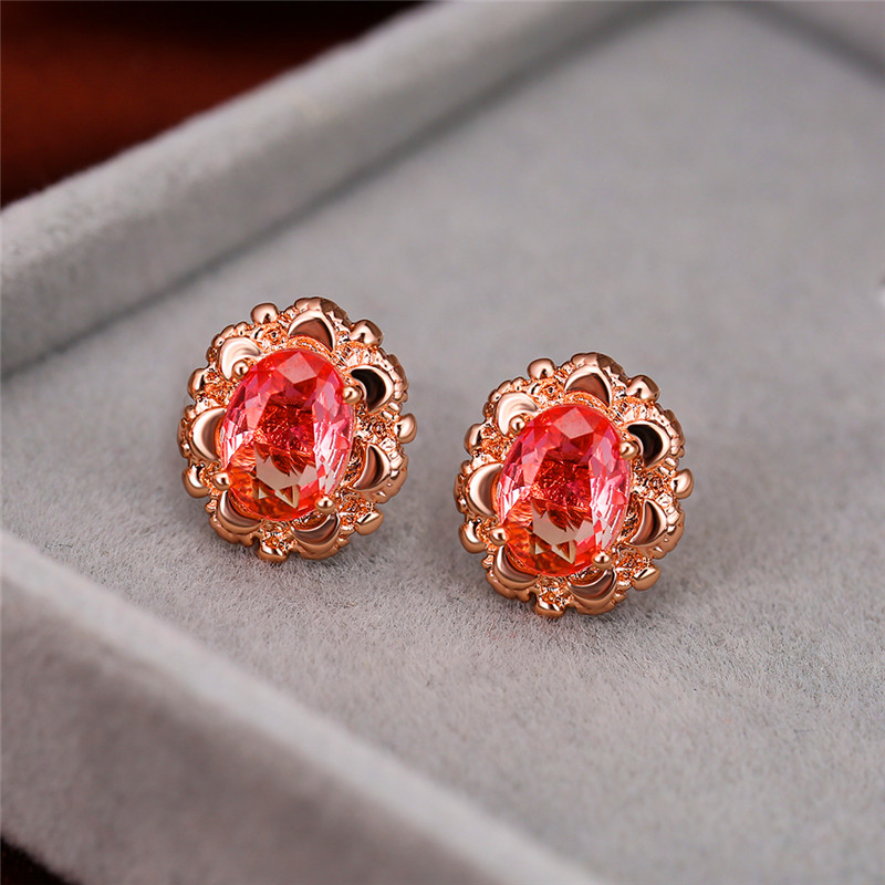 

Cute Female Pink Yellow Crystal Earrings Simple Silver Color Small Stud Earrings For Women Rainbow Oval Flower Wedding