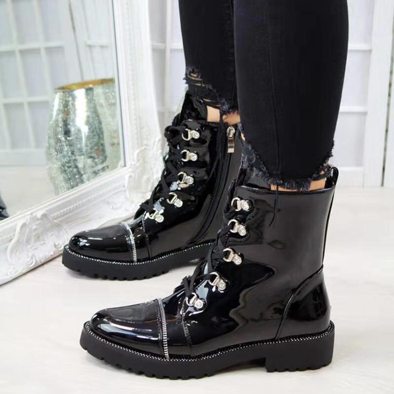 

2020 Autumn Outdoor Leather Warm Women Boots Comfy Short Boots Army Ankle Women Lace Up, Black patent leather