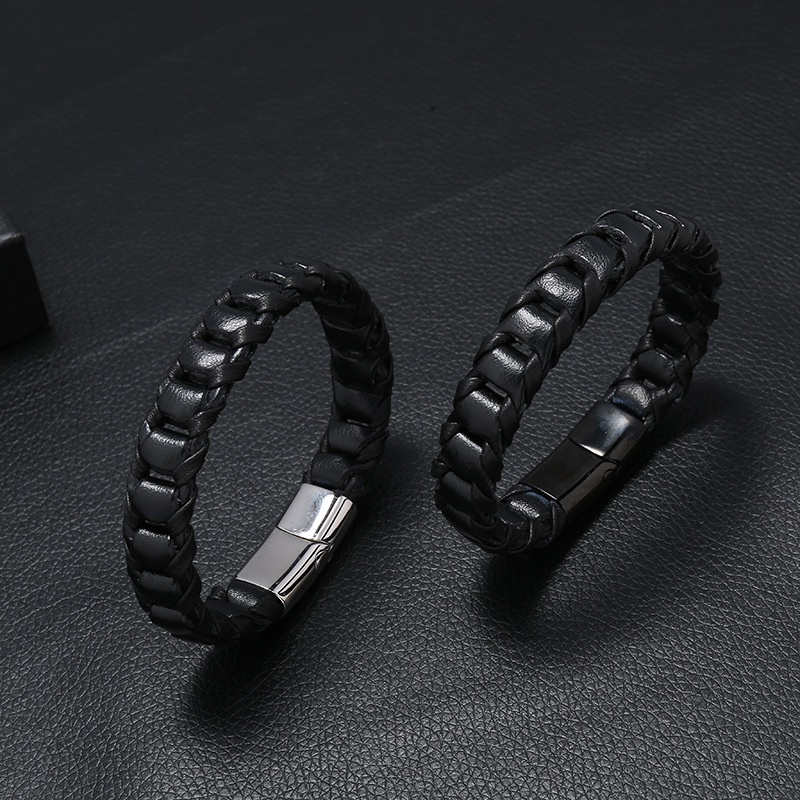 

Mens Black Leather Bracelet Leather Bangles for Men Magnetic-Clasp Cowhide Braided Wrap Bracelet Man Pulseras Para Hombre
