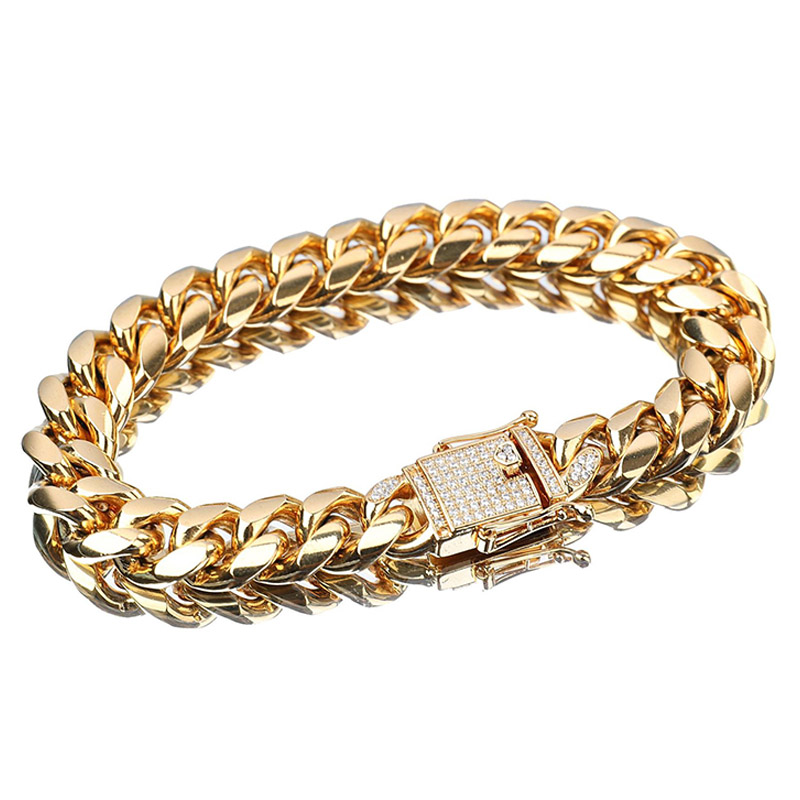

14mm Hip Hop Cubic Zirconia Paved Bling Iced Out Gold Stainless Steel Cuban Miami Link Chain Bracelets Men Rapper Jewelry