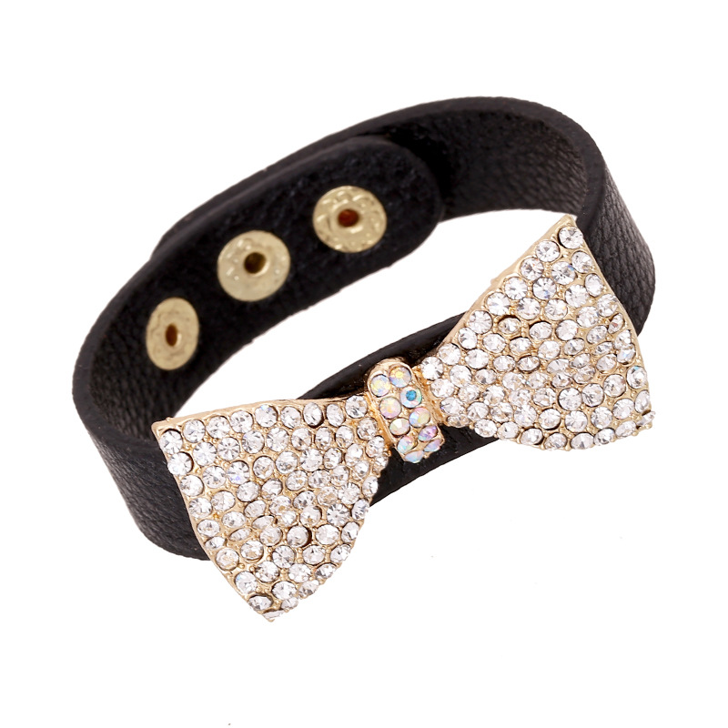 

dankaishi Fashion Women Jewelry Bowknot Charm Bracelet Leather Bangle Pave with Full Rhinestone Crystal for Girls Sweet Simple