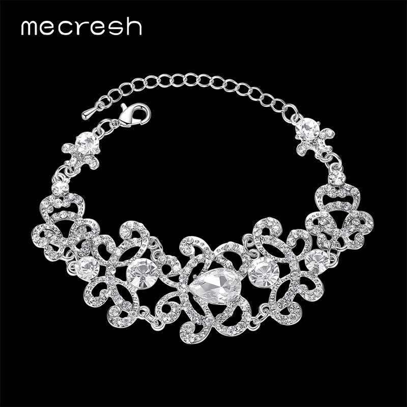 

Mecresh Luxury Wedding Bracelets For Women Silver Color Teardrop Rhinestone Bridal Pulseras Fashion Christmas Party Gift SL032