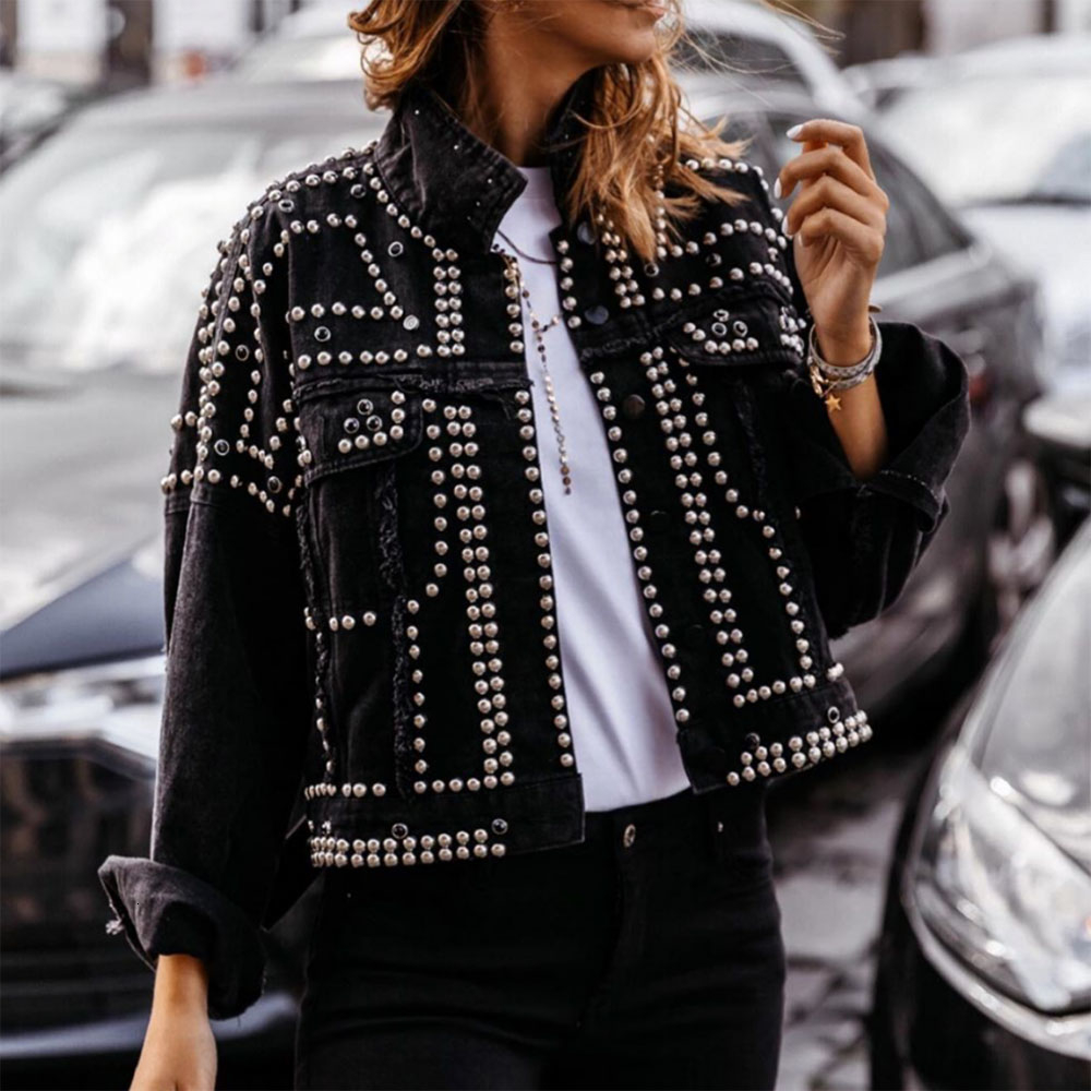 

Fashion- Winter Autumn Women Harajuku Rivet Jacket Coat Short Jeans Jacket Student Basic Coats Outfit Long Sleeve Single-Breasted Jacket, White