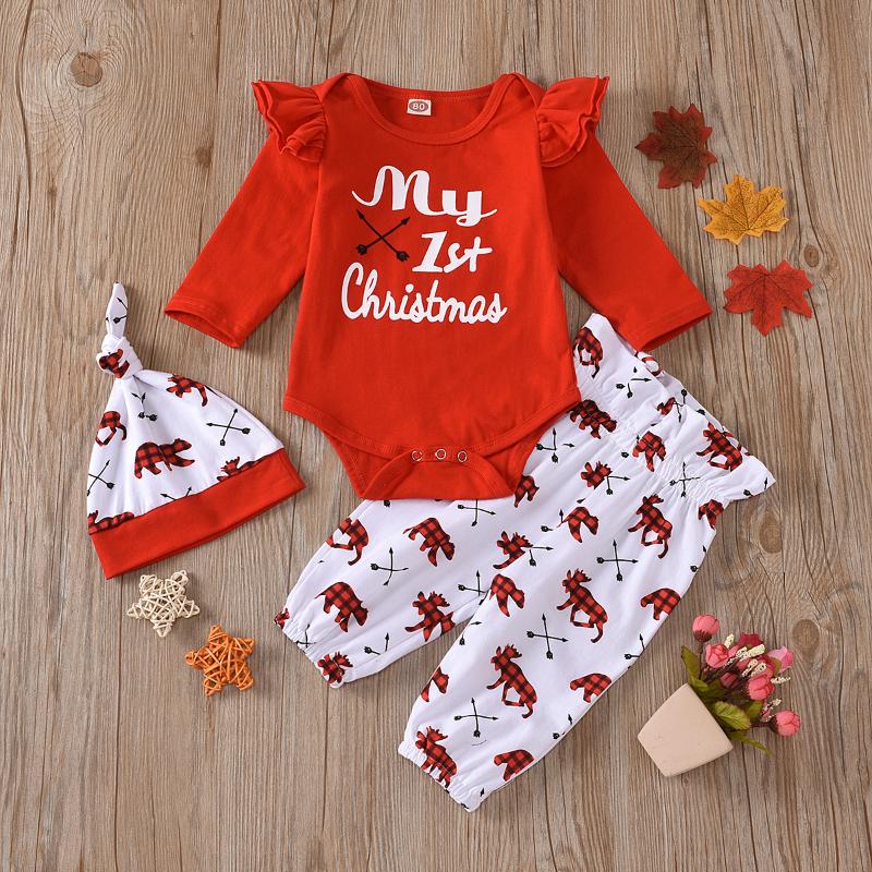 

Pudcoco Newborn Baby Girl Clothes Christmas Outfits Long Sleeve Letter Print Romper Deer Print Pants Hat 3Pcs Christmas Baby Set, Red
