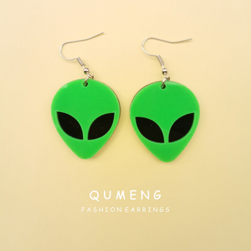 

QUMENG 2020 Earrings For Women acrylic Earrings Fashion Charm Exaggerated Hip Hop Girls Gift Cute Alien punk green accessories
