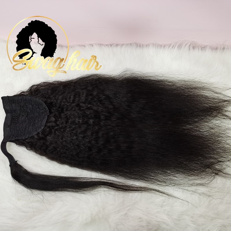 

Swag Hair Kinky Straight Ponytail Brazilian Remy Hair Clip In Ponytails Drawstring Natural Black 100% Human For Black Woman, As pic