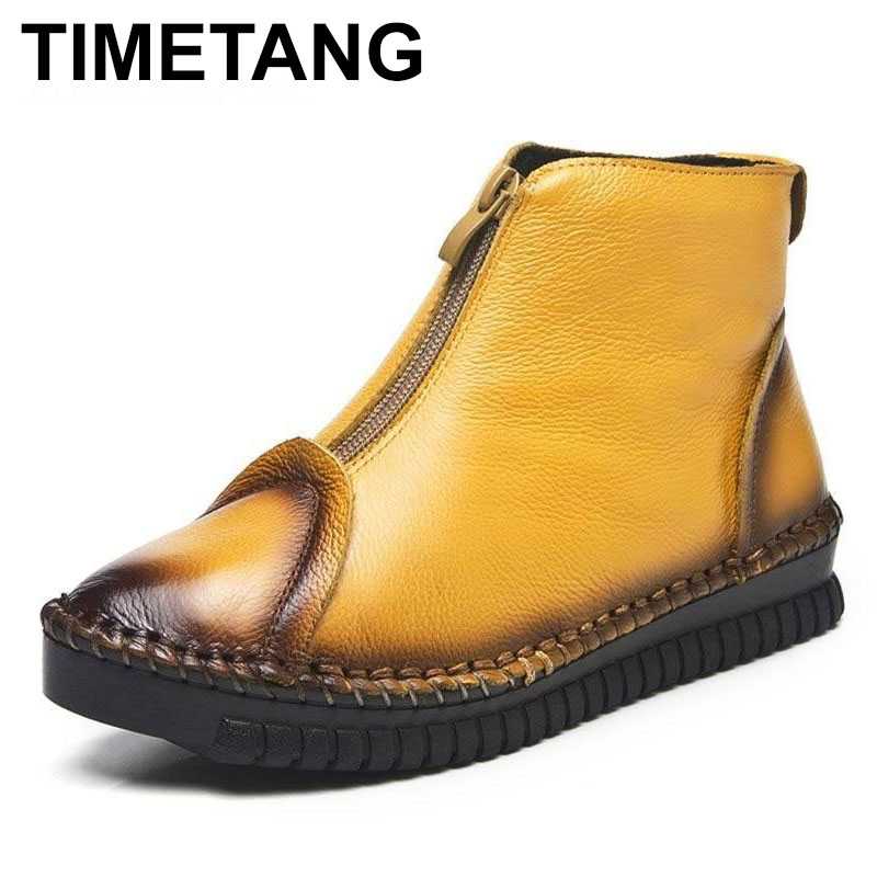 

TIMETANG 2020Autumn Winter Front Zipper Women Snow Boots Handmade Genuine Leather Flat Ankle Boots For Women Winter Warm Shoes, Without plush black