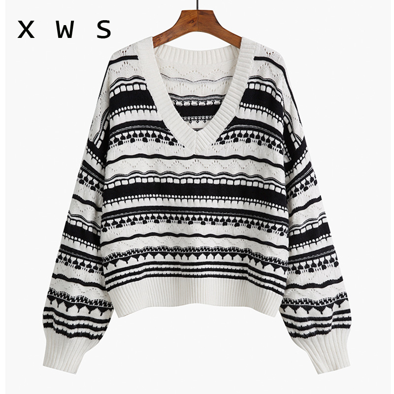 

2020 Women Vintage Pullover and Sweaters Winter Loose Style Striped Pull Jumpers Korean style Knitwear Casual Tops Femme, Black
