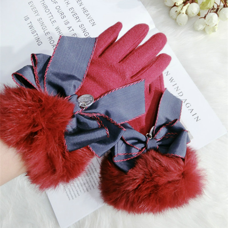

New Korean touch screen gloves wool bow warm knitted women spring winter gloves thick wine red mittens