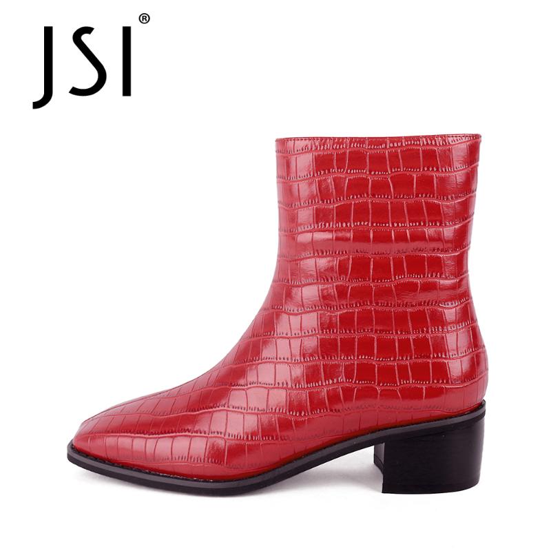 

JSI Red ankle boots winter warm woman geunine leather square toe ankle boots ladies checkered high square heel JC802