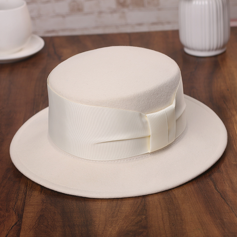 

Women 100% Wool Flat Top Hat Wide Brim White Fedoras Elegant Ladies Wedding Party Dress Hats Warm Winter Hat Caps