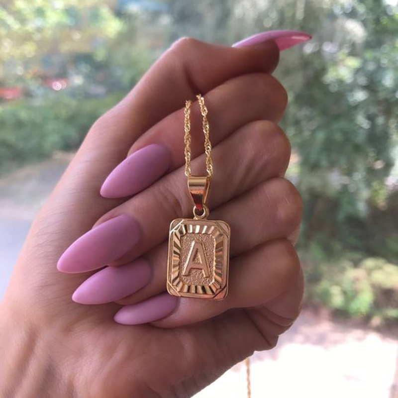 

Initial letter Pendant Necklace For Women Charm Gold Color Capital Stainless Steel Letter Square Alphabet Necklace Cuban Chain