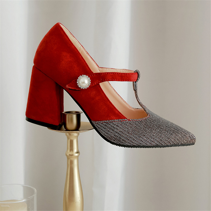 

Woman Flock Slip On Pointed Toe Pumps Women Chunky High Heels Shallow Sequins Elegant Ladies Shoes Female Dress Shoes black, Pink