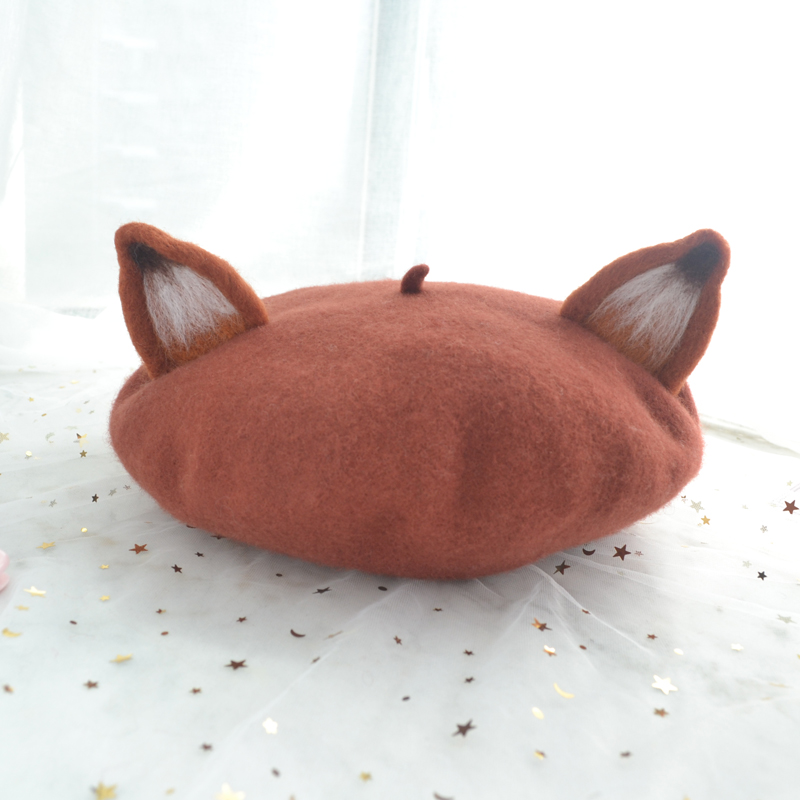 

Japanese cute ears fall and winter handmade wool felt beret Sen Department of literary paternity hat female painter, Brown