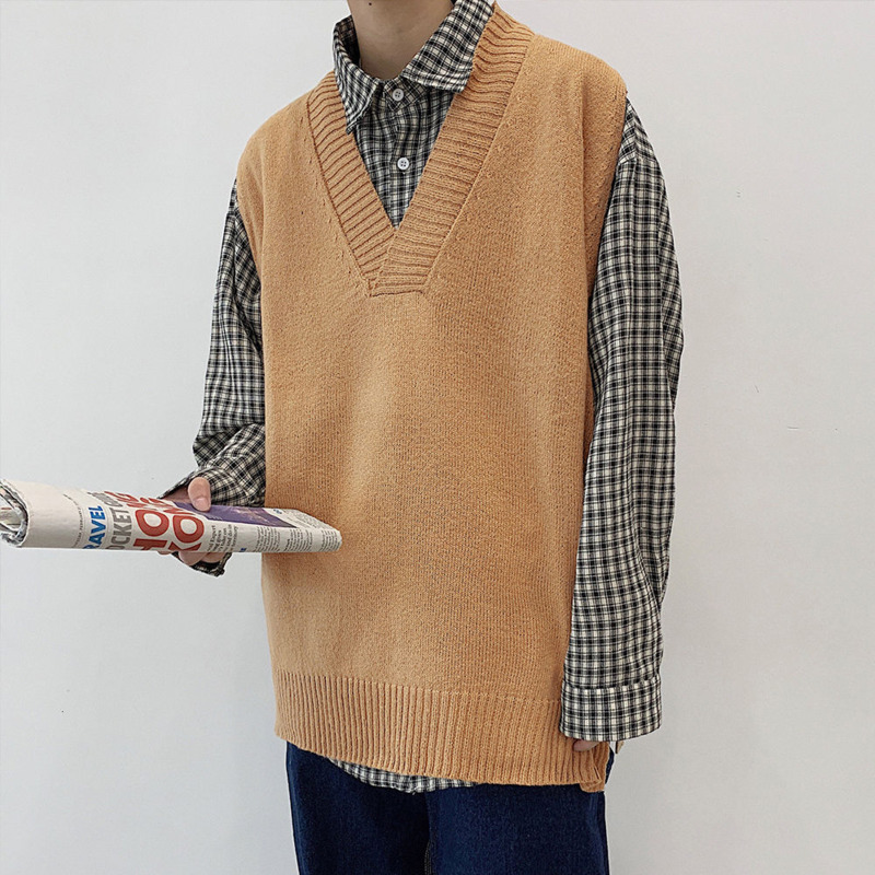 

Autumn Korean Sweater Vest Men's Fashion Solid Color V-neck Knitted Pullover Men Wild Loose Vest Knitting Sweaters Mens Clothes, Black