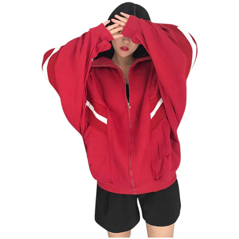 

Women Jackets Women Winter Jackets Womens Bat Sleeve Stripe Splice Zipper Loose Clothing Long Sleeve Outwear Coats #YB40, Black