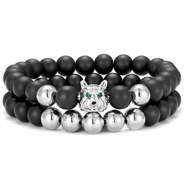 

2 pieces / set of fashion bracelets wolf head retro luxury CZ animal wolf head men's bracelet boy jewelry yoga elastic bracelet