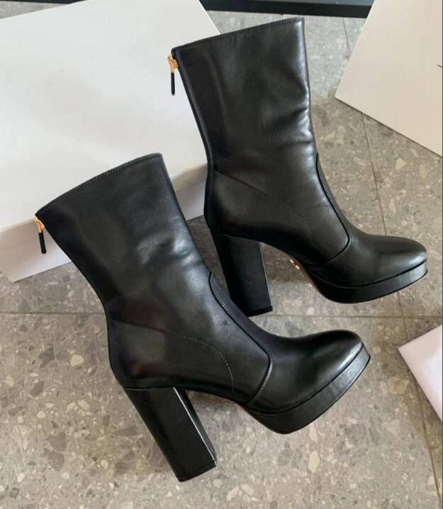 

New Arrival D!or Womens Knight Chunky Heel 10CM Cowskin Snow Winter Ankle Martin Cow Leather Wearproof Zip Booties SZ35-41, Black