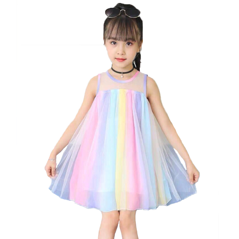 

New Kid Girls Dress Sleeveless Party Costume Fairy Summer Puffy Dresses Elegant Mesh Stitching Rainbow Princess kids Clothing, Xh20070